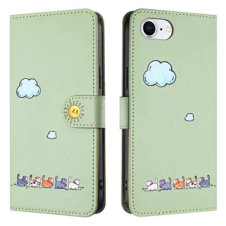 For iPhone 16e Cartoon Cats Leather Phone Case(Green)