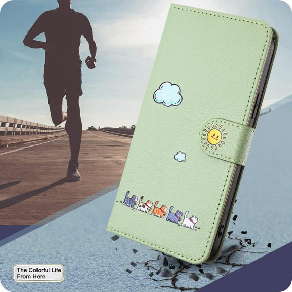 For iPhone 16e Cartoon Cats Leather Phone Case(Green)