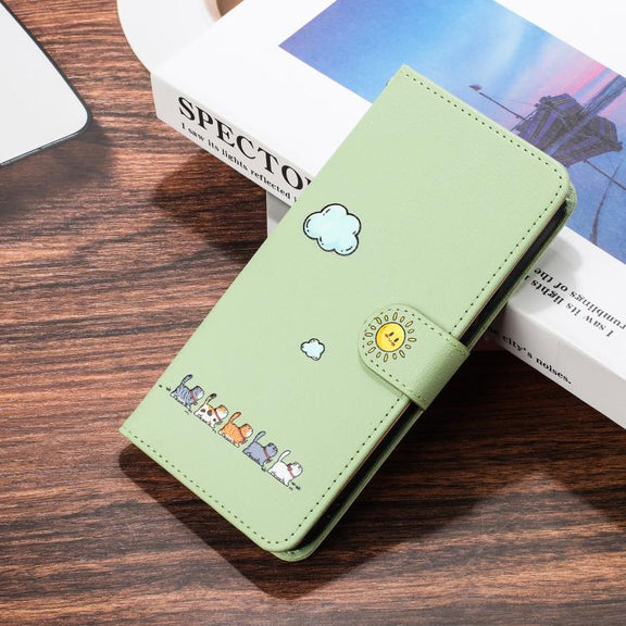 For iPhone 16e Cartoon Cats Leather Phone Case(Green)