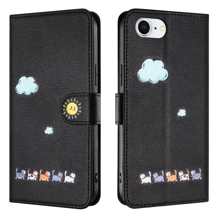 For iPhone 16e Cartoon Cats Leather Phone Case(Black)