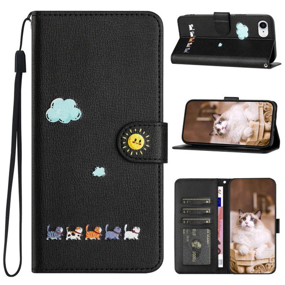 For iPhone 16e Cartoon Cats Leather Phone Case(Black)