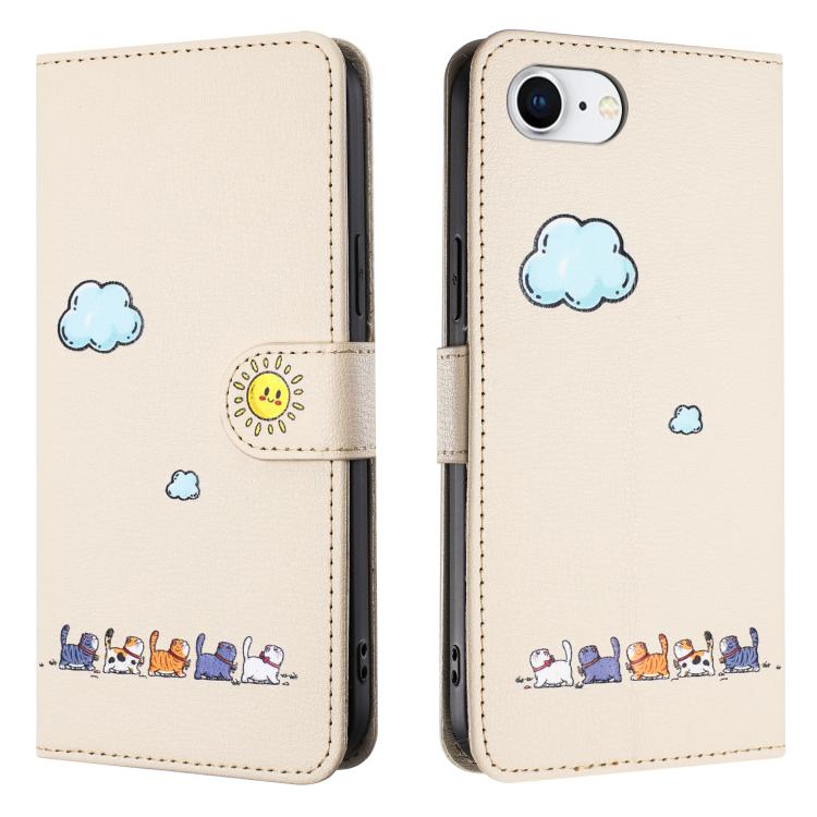 For iPhone 16e Cartoon Cats Leather Phone Case(Beige White)