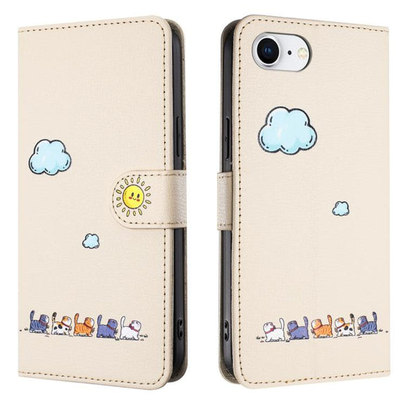 For iPhone 16e Cartoon Cats Leather Phone Case(Beige White)