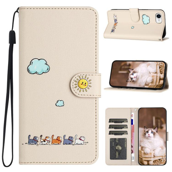For iPhone 16e Cartoon Cats Leather Phone Case(Beige White)