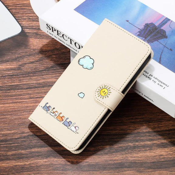 For iPhone 16e Cartoon Cats Leather Phone Case(Beige White)