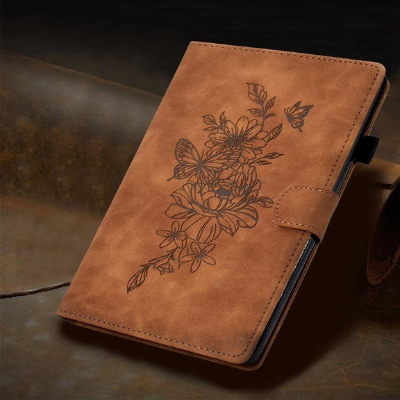 For Samsung Galaxy Tab A9+ Peony Butterfly Embossed Leather Smart Tablet Case(Brown)