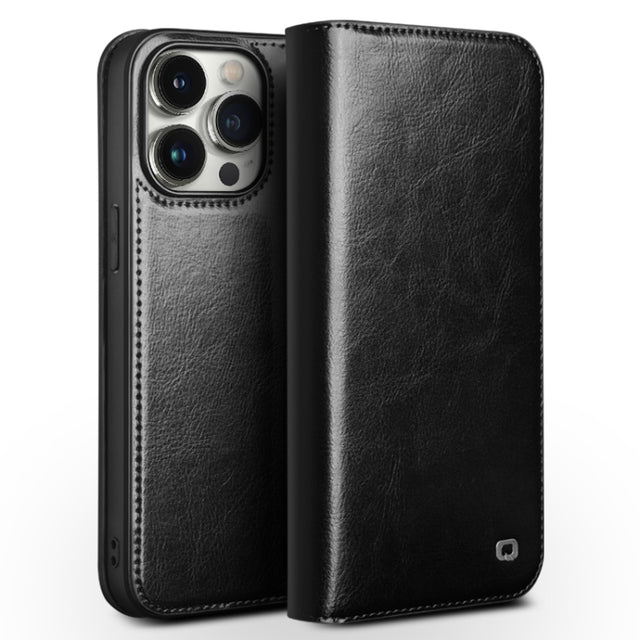 For iPhone 15 Pro Max QIALINO Classic Genuine Leather Phone Case(Black)