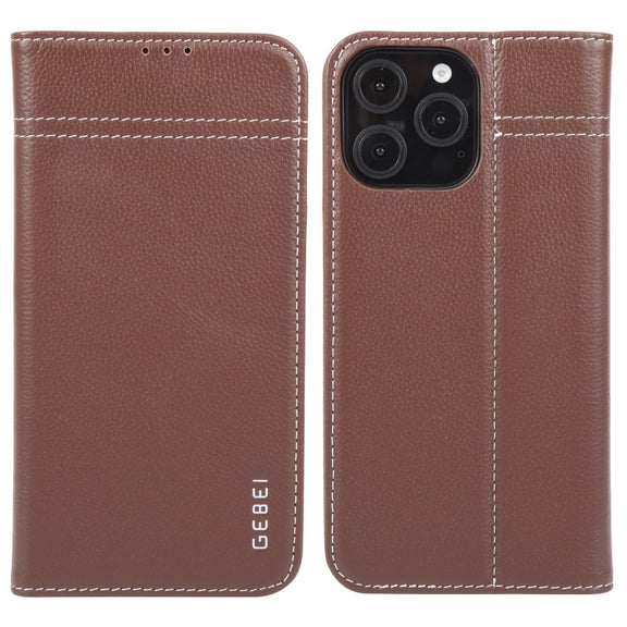 For iPhone 16 Pro Max GEBEI Top-grain Horizontal Flip Leather Phone Case(Brown)