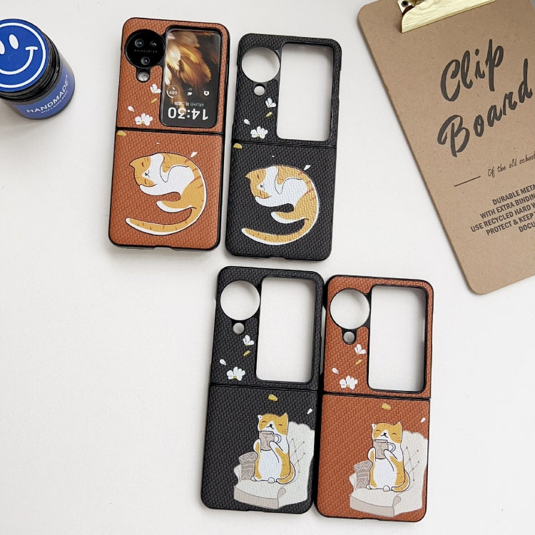 For OPPO Find N3 Flip Braided Texture Colored Drawing Pattern Phone Case(Black Coffee Cat)