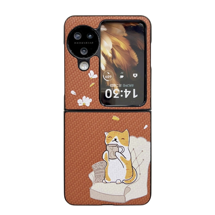 For OPPO Find N3 Flip Braided Texture Colored Drawing Pattern Phone Case(Brown Coffee Cat)