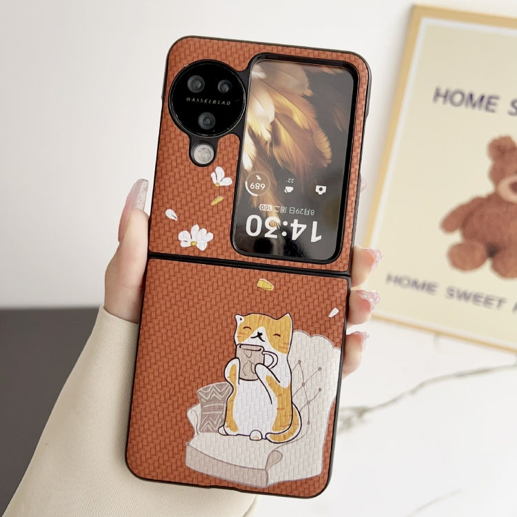 For OPPO Find N3 Flip Braided Texture Colored Drawing Pattern Phone Case(Brown Coffee Cat)