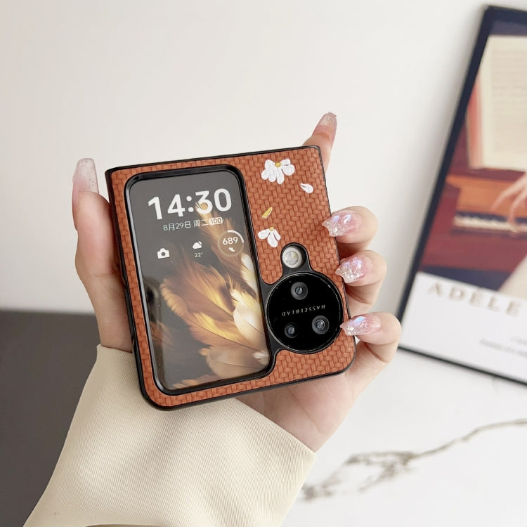 For OPPO Find N3 Flip Braided Texture Colored Drawing Pattern Phone Case(Brown Coffee Cat)