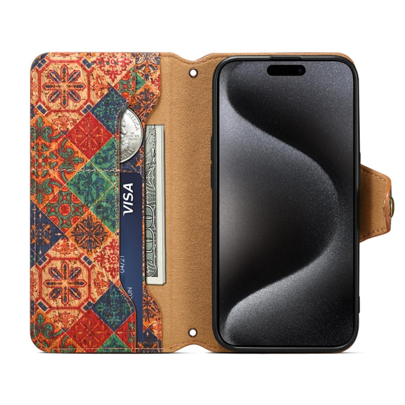 For iPhone 16 Pro Denior Flower Language Series Cork Fabric Oil Edge Leather Phone Case(Winter)