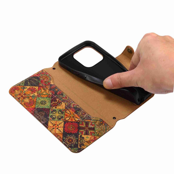 For iPhone 16 Plus Denior Flower Language Series Cork Fabric Oil Edge Leather Phone Case(Autumn)