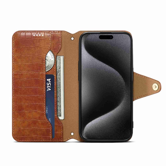 For iPhone 15 Pro Max Denior Crocodile Texture Oil Edge Leather Phone Case(Brown)