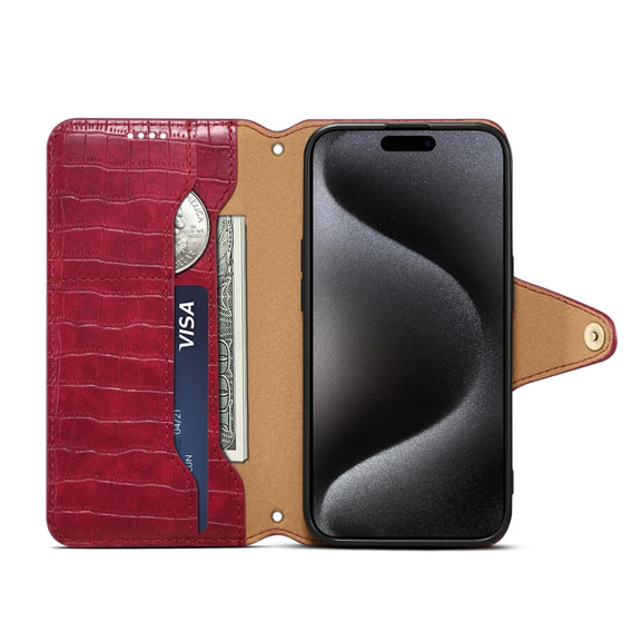 For iPhone 16 Denior Crocodile Texture Oil Edge Leather Phone Case(Rose Red)