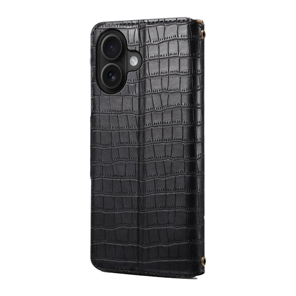 For iPhone 16 Denior Crocodile Texture Oil Edge Leather Phone Case(Black)
