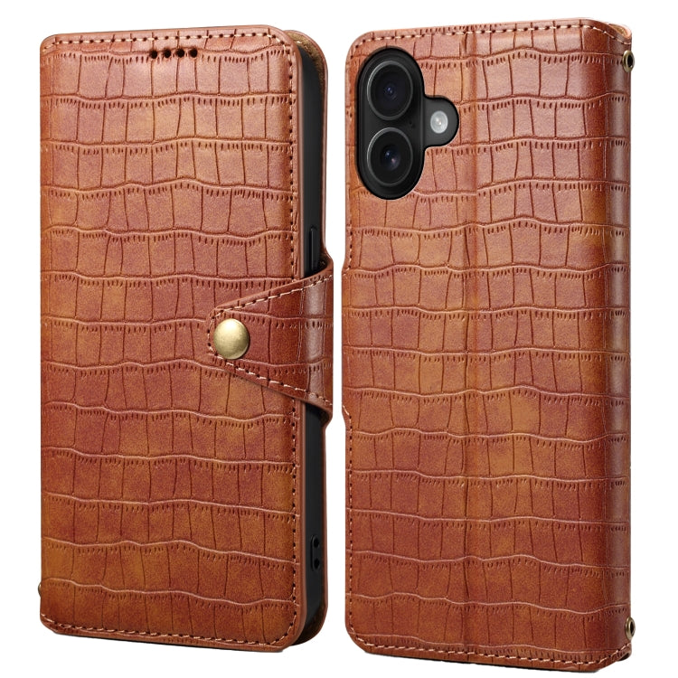 For iPhone 16 Plus Denior Crocodile Texture Oil Edge Leather Phone Case(Brown)