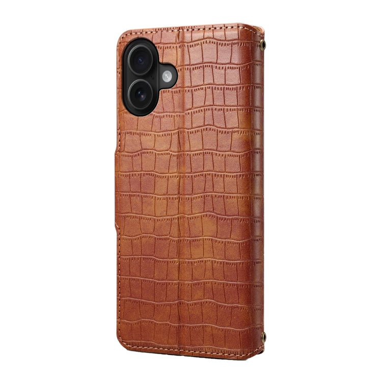 For iPhone 16 Plus Denior Crocodile Texture Oil Edge Leather Phone Case(Brown)