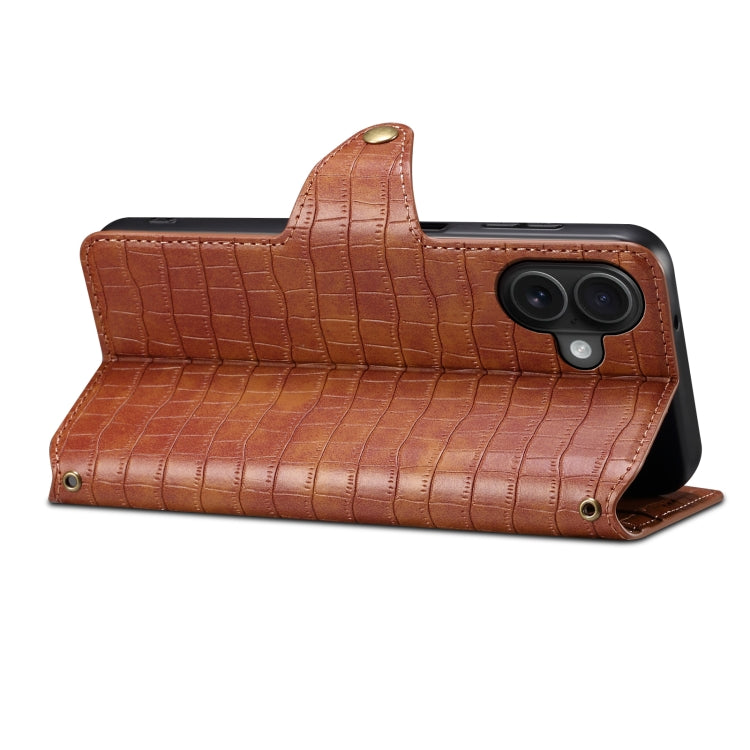 For iPhone 16 Plus Denior Crocodile Texture Oil Edge Leather Phone Case(Brown)
