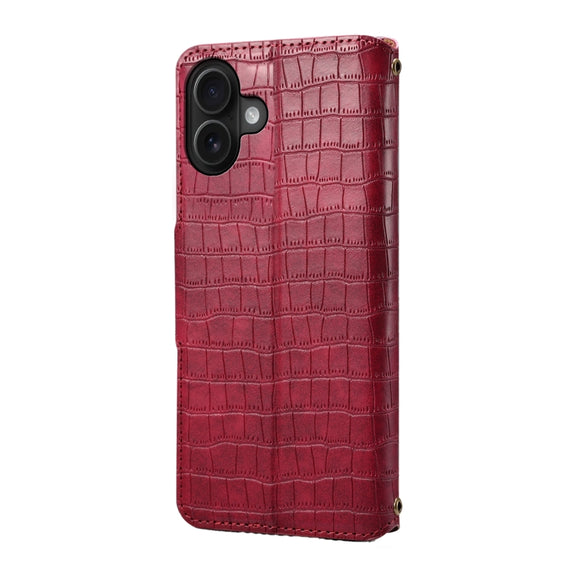 For iPhone 16 Plus Denior Crocodile Texture Oil Edge Leather Phone Case(Rose Red)