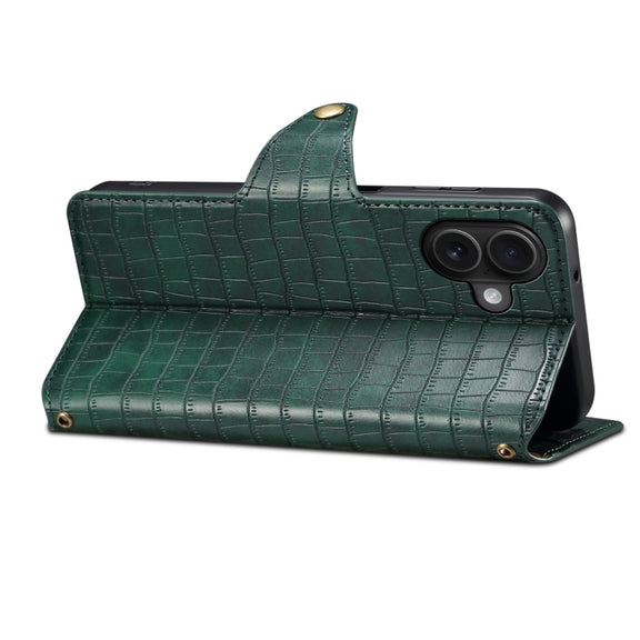 For iPhone 16 Plus Denior Crocodile Texture Oil Edge Leather Phone Case(Green)