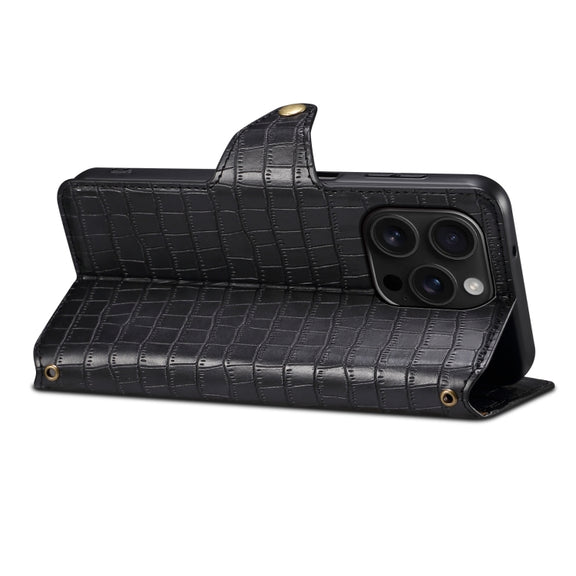 For iPhone 16 Pro Denior Crocodile Texture Oil Edge Leather Phone Case(Black)