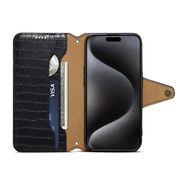 For iPhone 16 Pro Max Denior Crocodile Texture Oil Edge Leather Phone Case(Black)