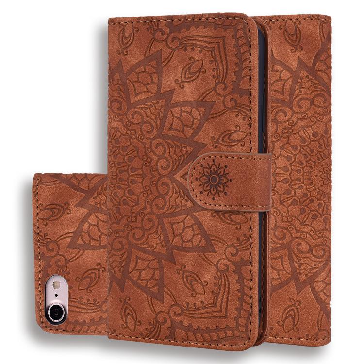 For iPhone 16e Mandala Embossed Dual-Fold Calf Leather Phone Case(Brown)