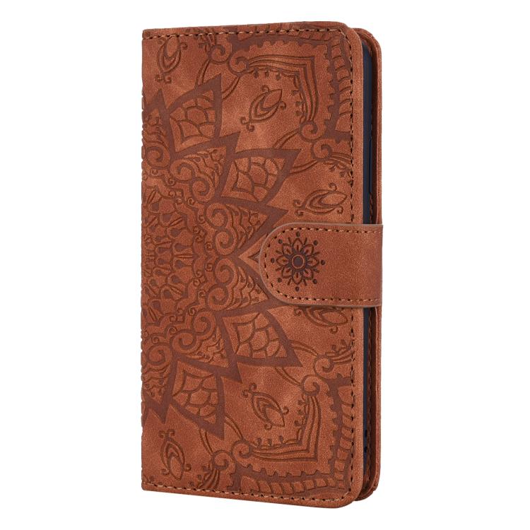 For iPhone 16e Mandala Embossed Dual-Fold Calf Leather Phone Case(Brown)