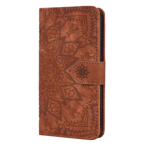 For iPhone 16e Mandala Embossed Dual-Fold Calf Leather Phone Case(Brown)