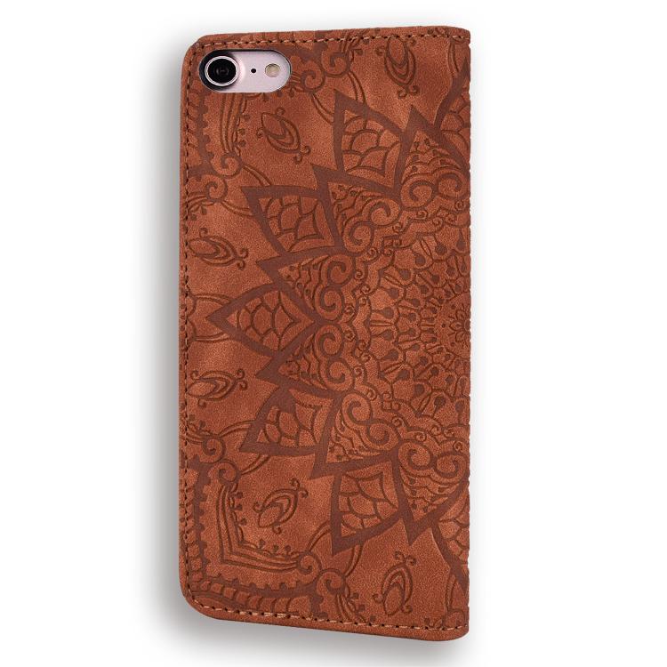 For iPhone 16e Mandala Embossed Dual-Fold Calf Leather Phone Case(Brown)