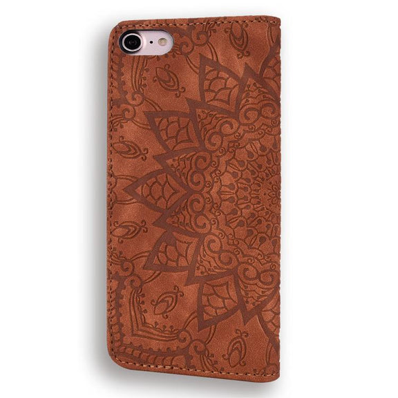 For iPhone 16e Mandala Embossed Dual-Fold Calf Leather Phone Case(Brown)