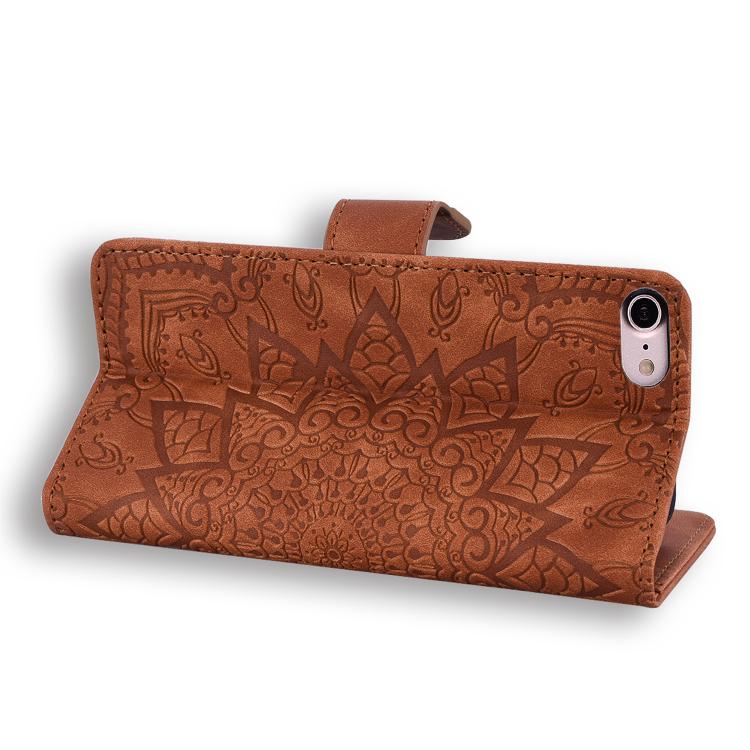 For iPhone 16e Mandala Embossed Dual-Fold Calf Leather Phone Case(Brown)