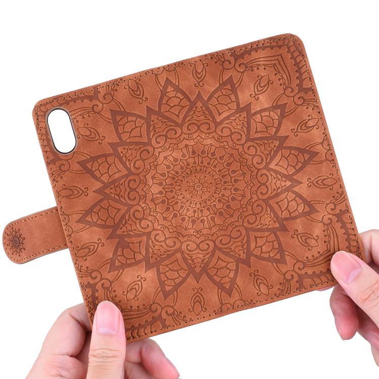 For iPhone 16e Mandala Embossed Dual-Fold Calf Leather Phone Case(Brown)