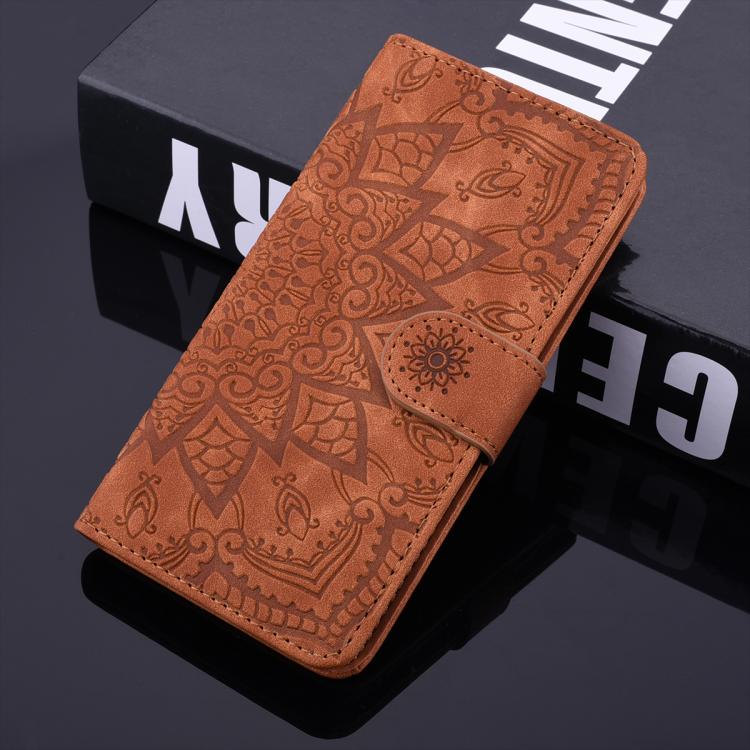 For iPhone 16e Mandala Embossed Dual-Fold Calf Leather Phone Case(Brown)