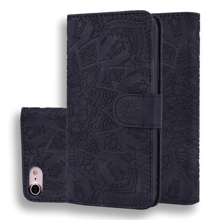 For iPhone 16e Mandala Embossed Dual-Fold Calf Leather Phone Case(Black)