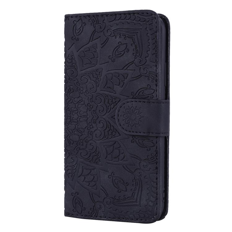 For iPhone 16e Mandala Embossed Dual-Fold Calf Leather Phone Case(Black)