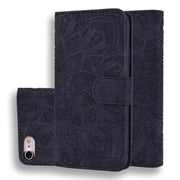 For iPhone 16e Mandala Embossed Dual-Fold Calf Leather Phone Case(Black)