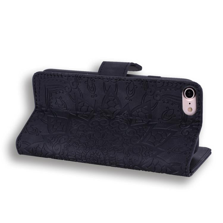 For iPhone 16e Mandala Embossed Dual-Fold Calf Leather Phone Case(Black)