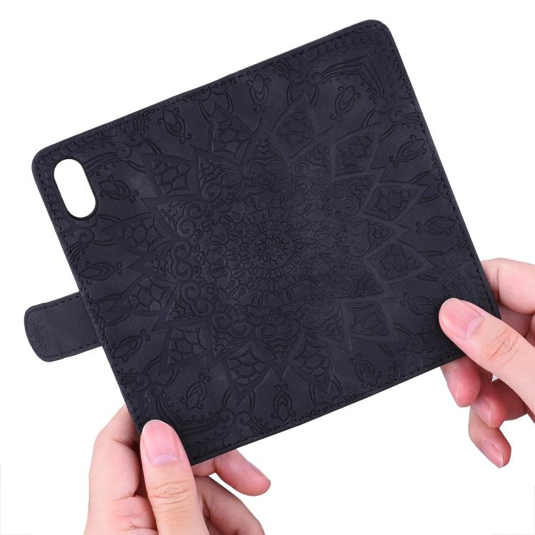 For iPhone 16e Mandala Embossed Dual-Fold Calf Leather Phone Case(Black)
