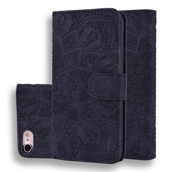 For iPhone 16e Mandala Embossed Dual-Fold Calf Leather Phone Case(Black)