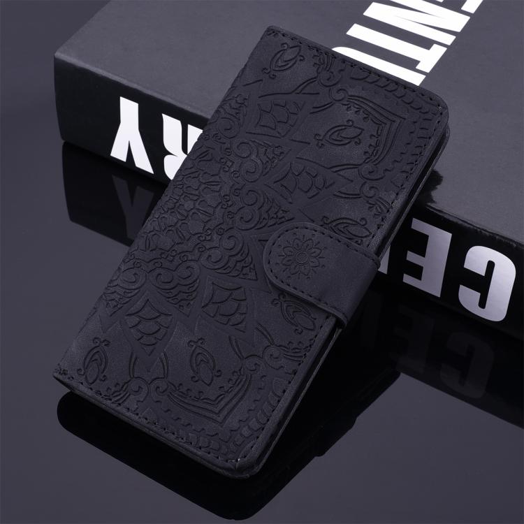 For iPhone 16e Mandala Embossed Dual-Fold Calf Leather Phone Case(Black)