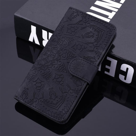 For iPhone 16e Mandala Embossed Dual-Fold Calf Leather Phone Case(Black)