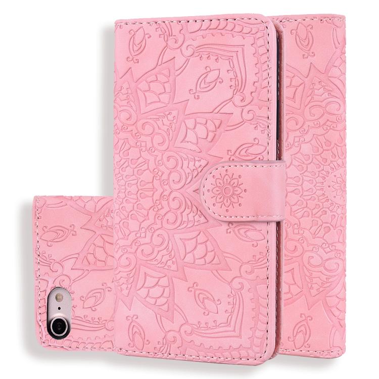 For iPhone 16e Mandala Embossed Dual-Fold Calf Leather Phone Case(Pink)