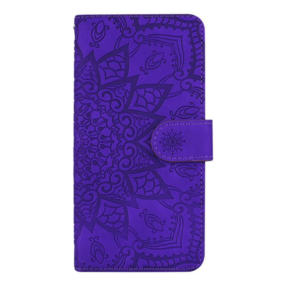 For iPhone 16e Mandala Embossed Dual-Fold Calf Leather Phone Case(Purple)
