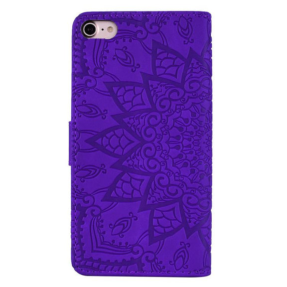 For iPhone 16e Mandala Embossed Dual-Fold Calf Leather Phone Case(Purple)