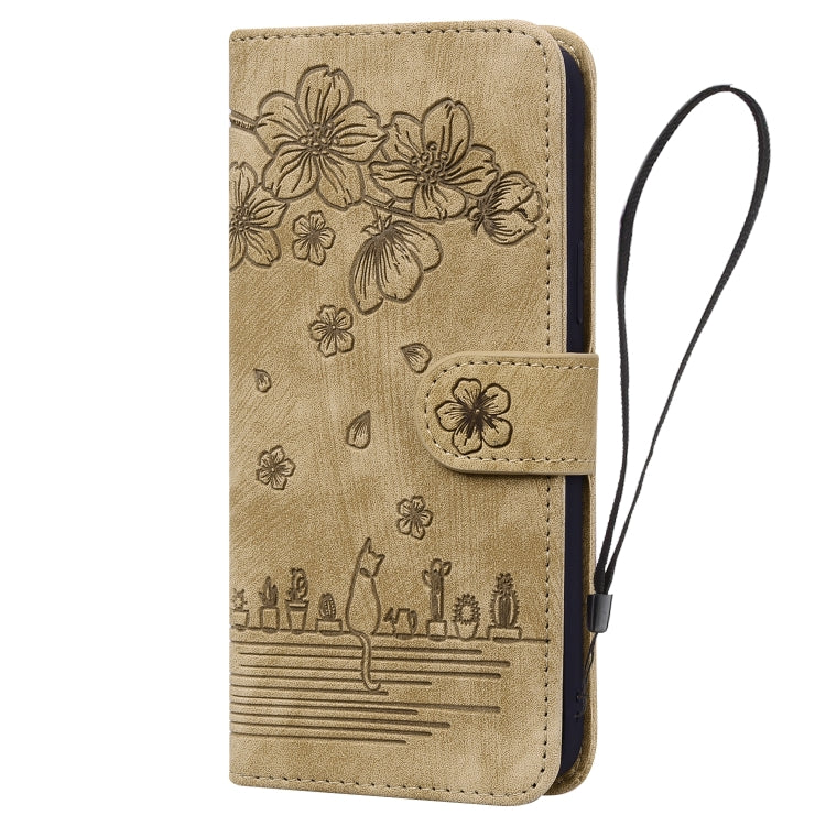 For iPhone 16 Plus Cartoon Sakura Cat Embossed Leather Phone Case(Brown)