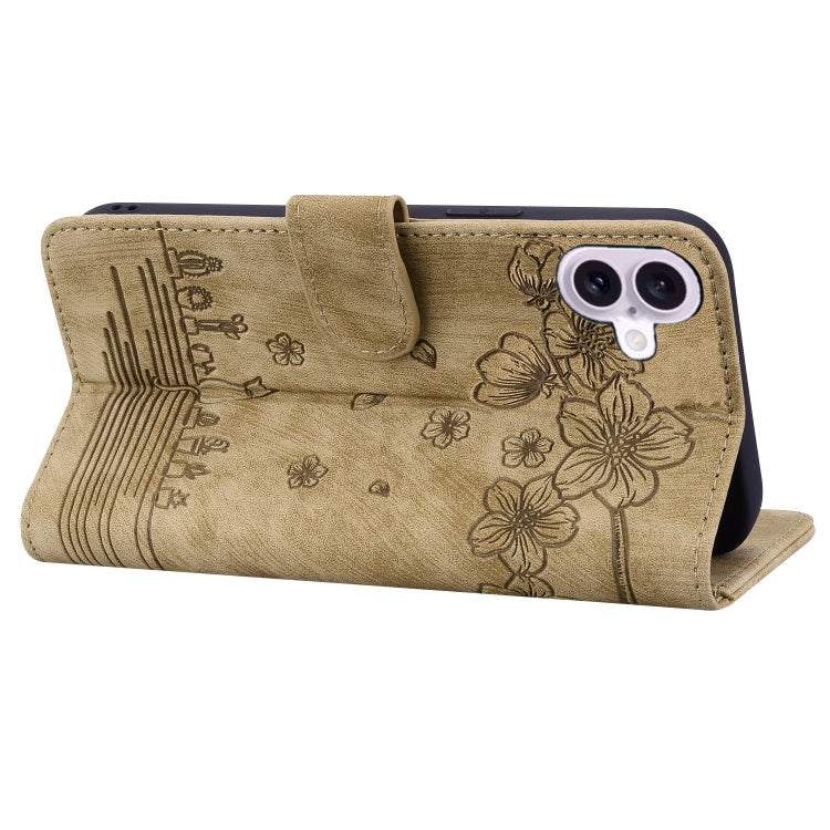 For iPhone 16 Plus Cartoon Sakura Cat Embossed Leather Phone Case(Brown)