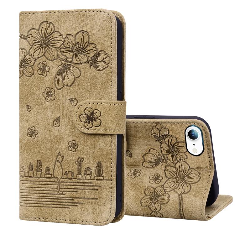 For iPhone 16e Cartoon Sakura Cat Embossed Leather Phone Case(Brown)
